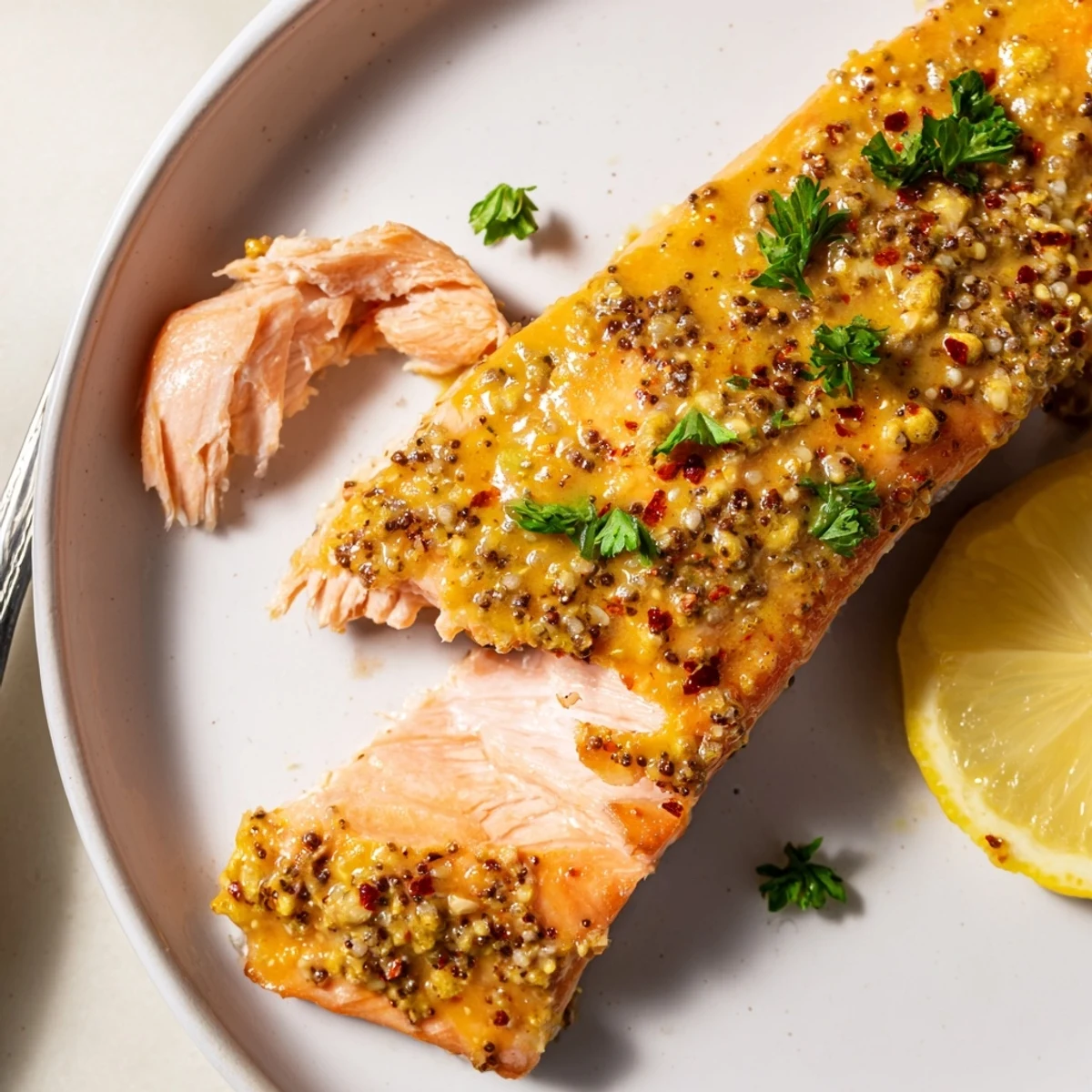 Juicy baked honey mustard salmon topped with fresh parsley and bright lemon wedges on a white plate