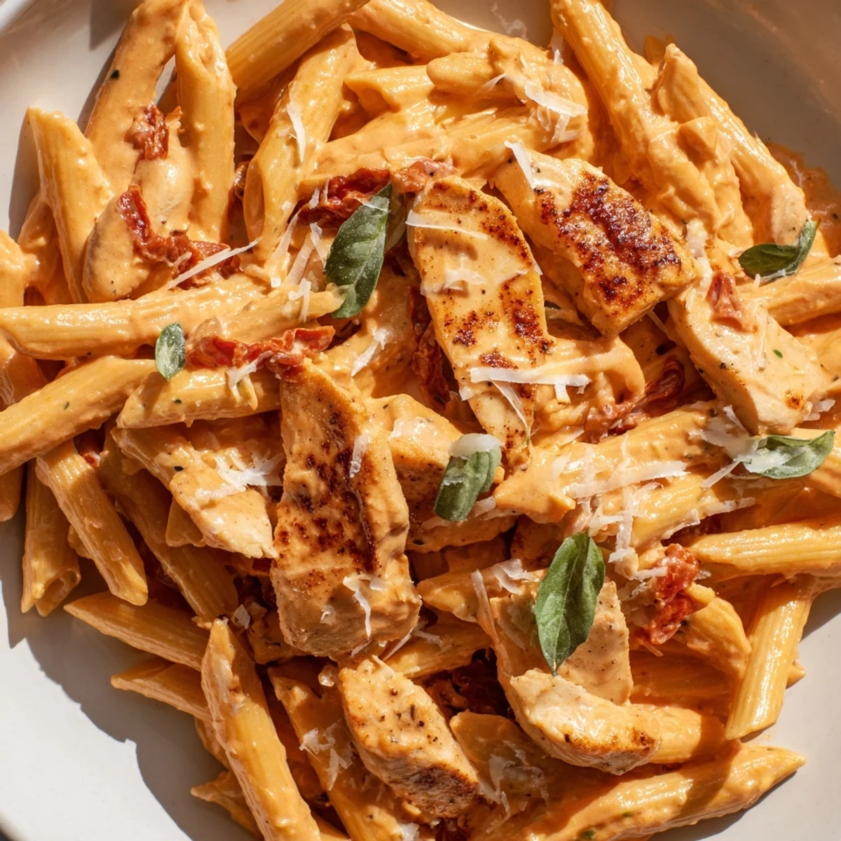 Creamy Copycat Sun Dried Tomato Marry Me Chicken Pasta topped with fresh basil and Parmesan cheese