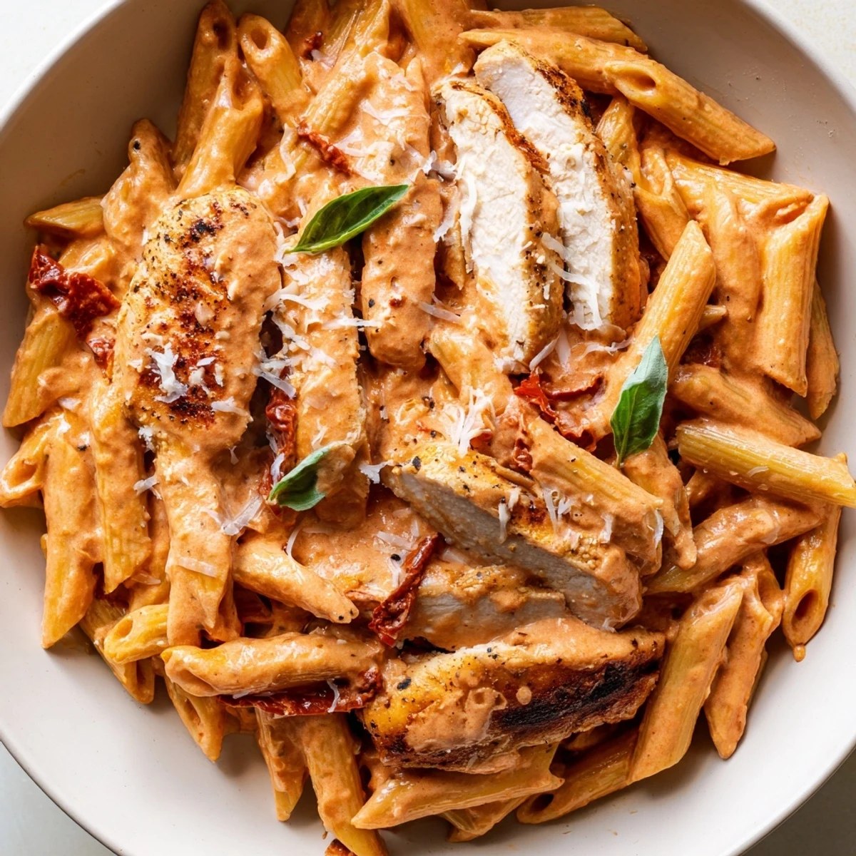 Golden sliced chicken over Copycat Sun Dried Tomato Marry Me Chicken Pasta in a rich creamy sauce