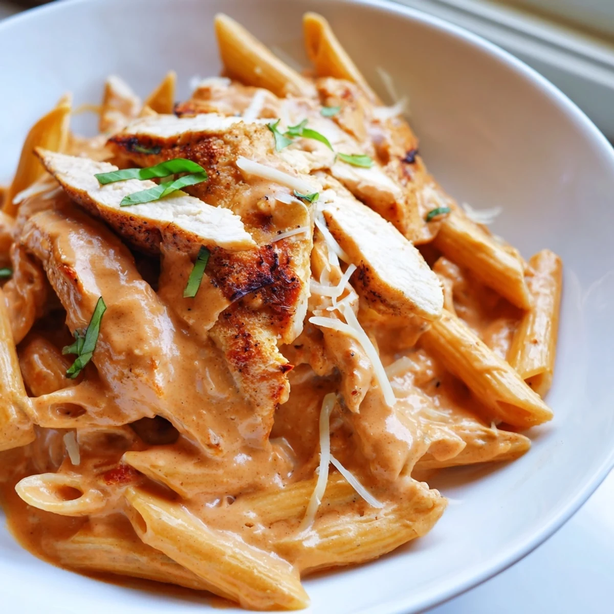 Steaming bowl of Copycat Sun Dried Tomato Marry Me Chicken Pasta with sun-dried tomatoes and tender penne