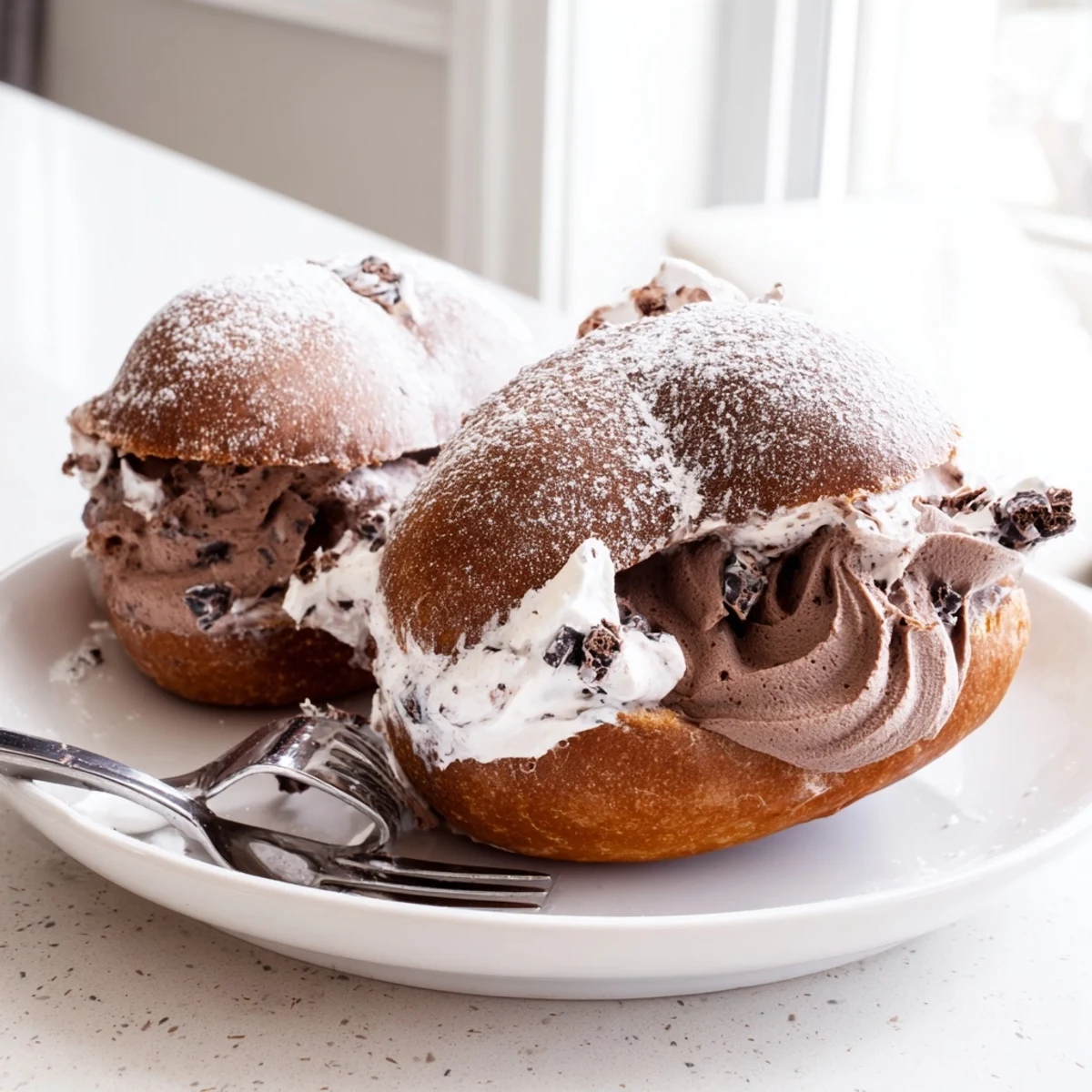 Italian Chocolate Maritozzi buns split open and overflowing with rich chocolate whipped cream