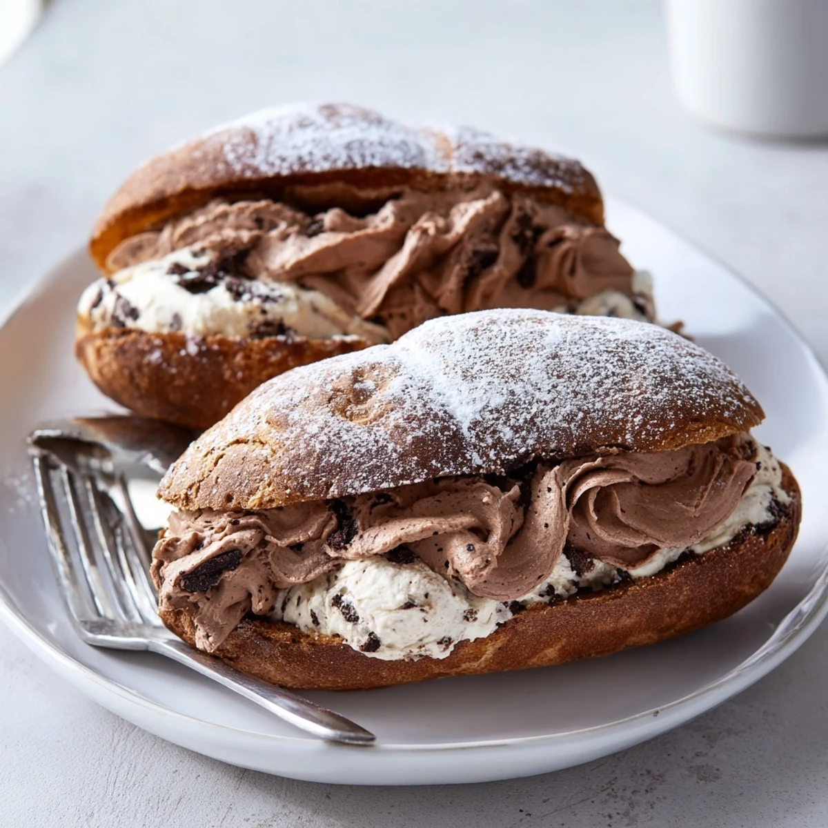 Soft Italian Chocolate Maritozzi resting on a wire rack, generously filled and ready to serve