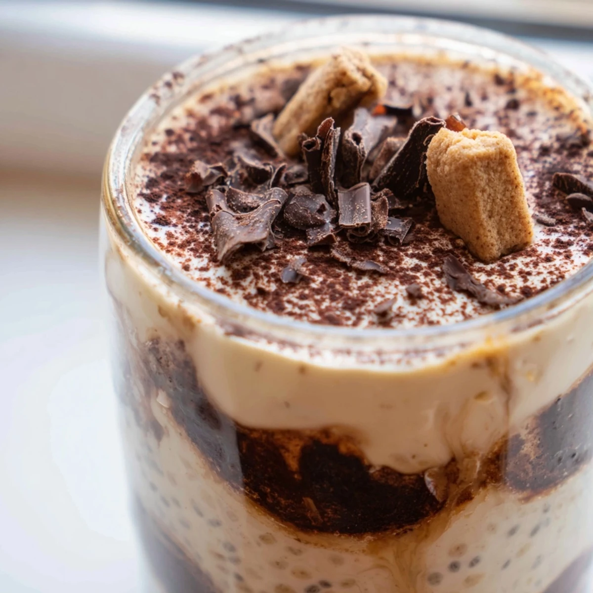 Creamy tiramisu overnight oats layered with mascarpone and dusted with cocoa powder