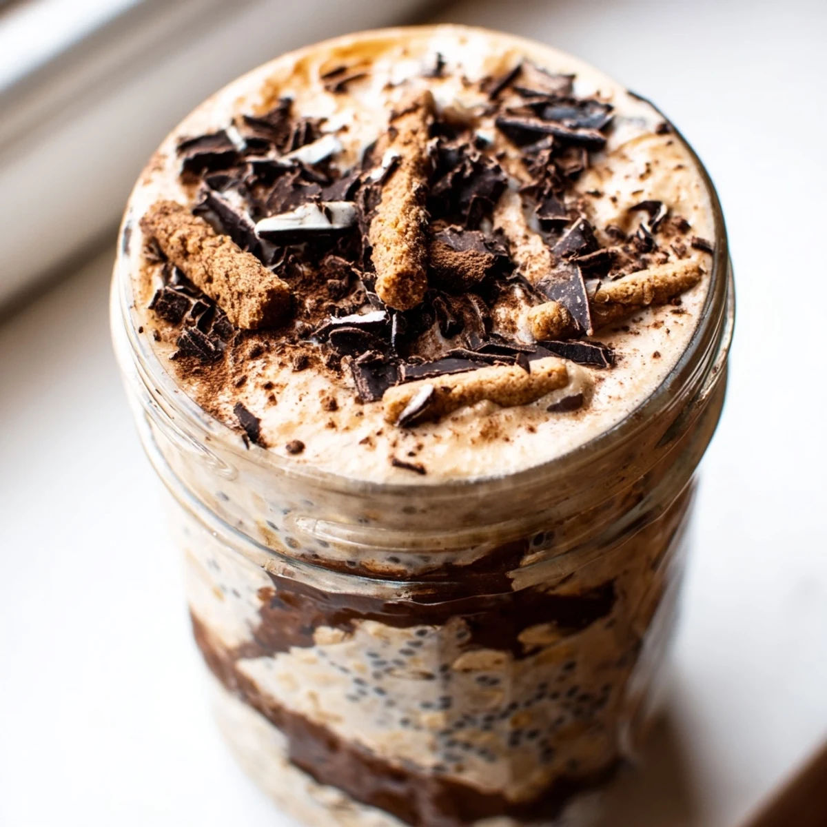 Rich coffee-infused tiramisu overnight oats topped with dark chocolate shavings in a jar