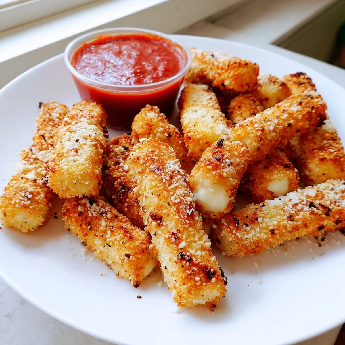 Golden baked cottage cheese fries arranged on parchment with a side of marinara dip