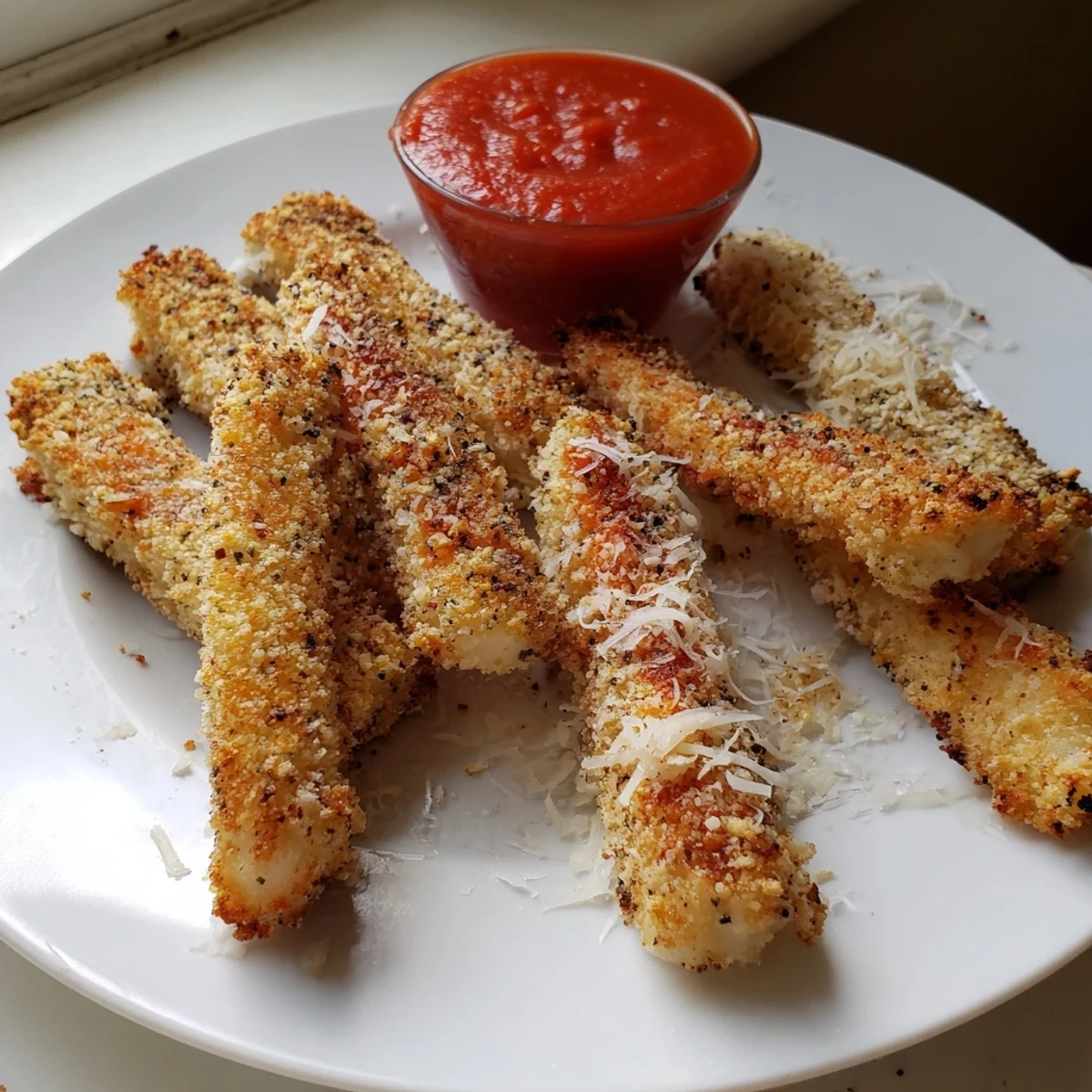Thick baked cottage cheese fries with golden edges plated alongside cool Greek yogurt dip