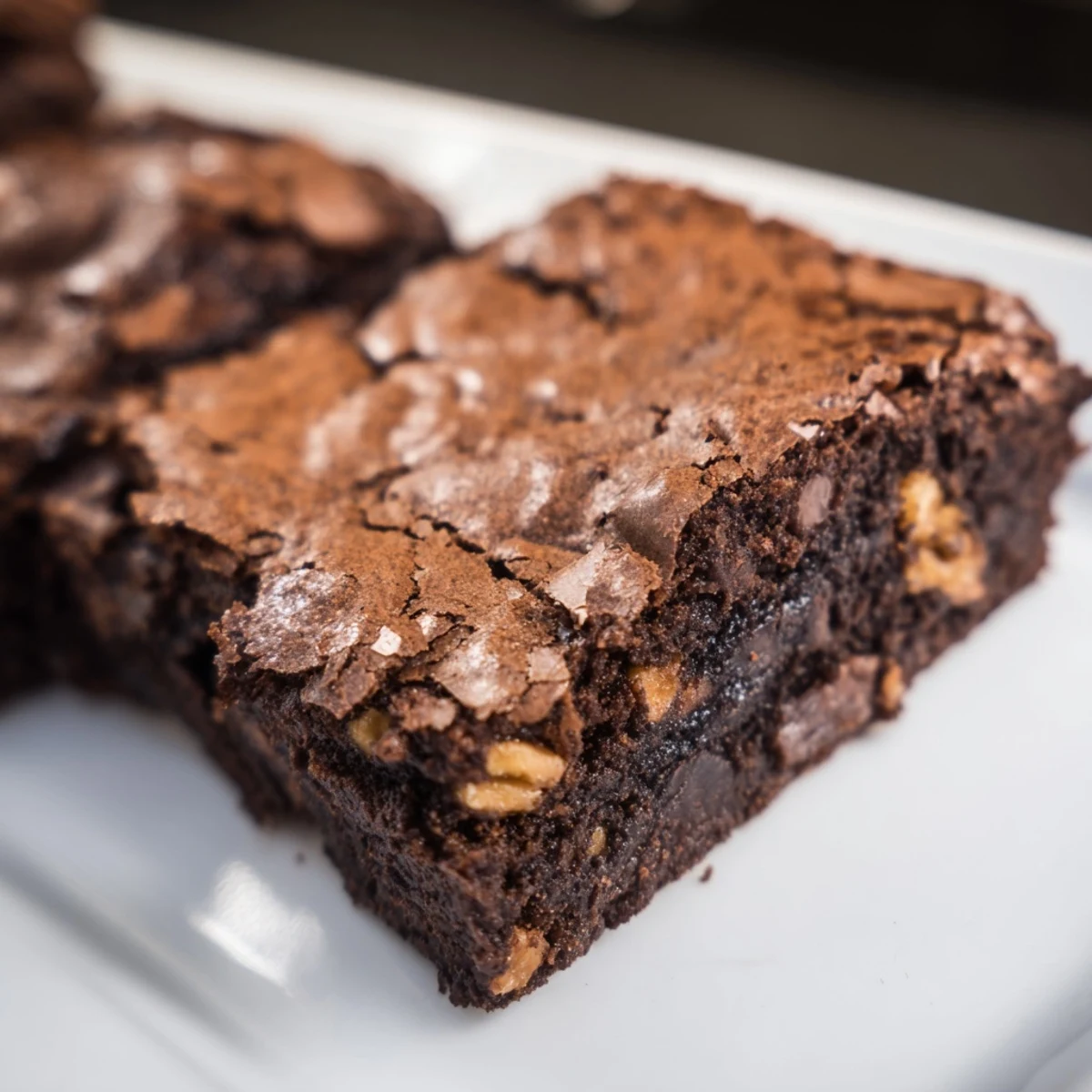 Rich fudgy ultimate brownies with a shiny crackly top, cut into generous squares