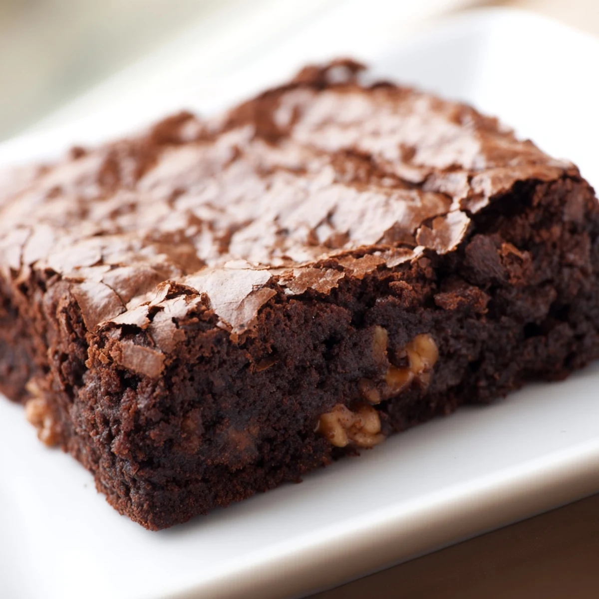 Dark chocolate ultimate brownies topped with crunchy walnut pieces on a rustic cutting board
