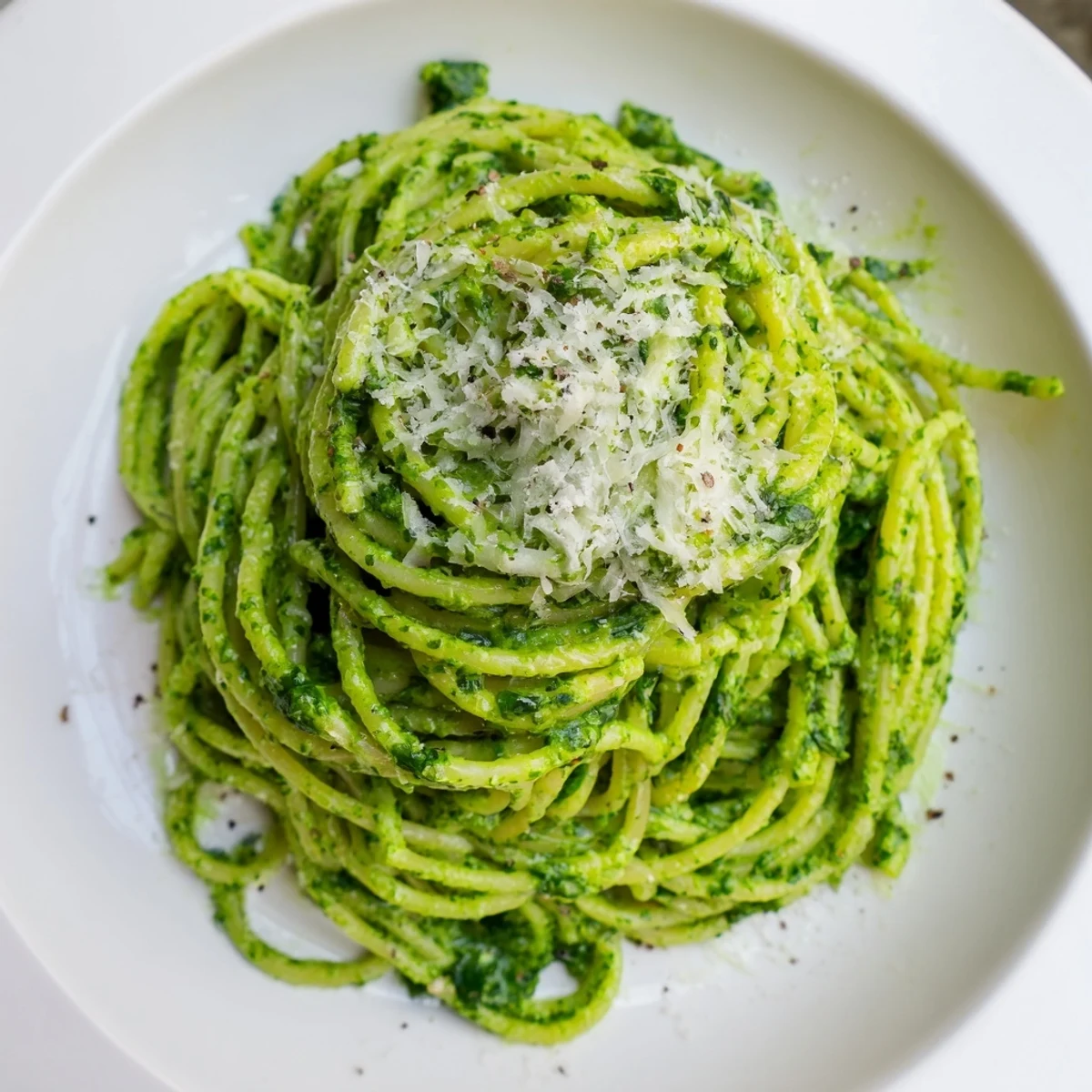 A steaming bowl of wild garlic pesto pasta coated in vibrant green sauce