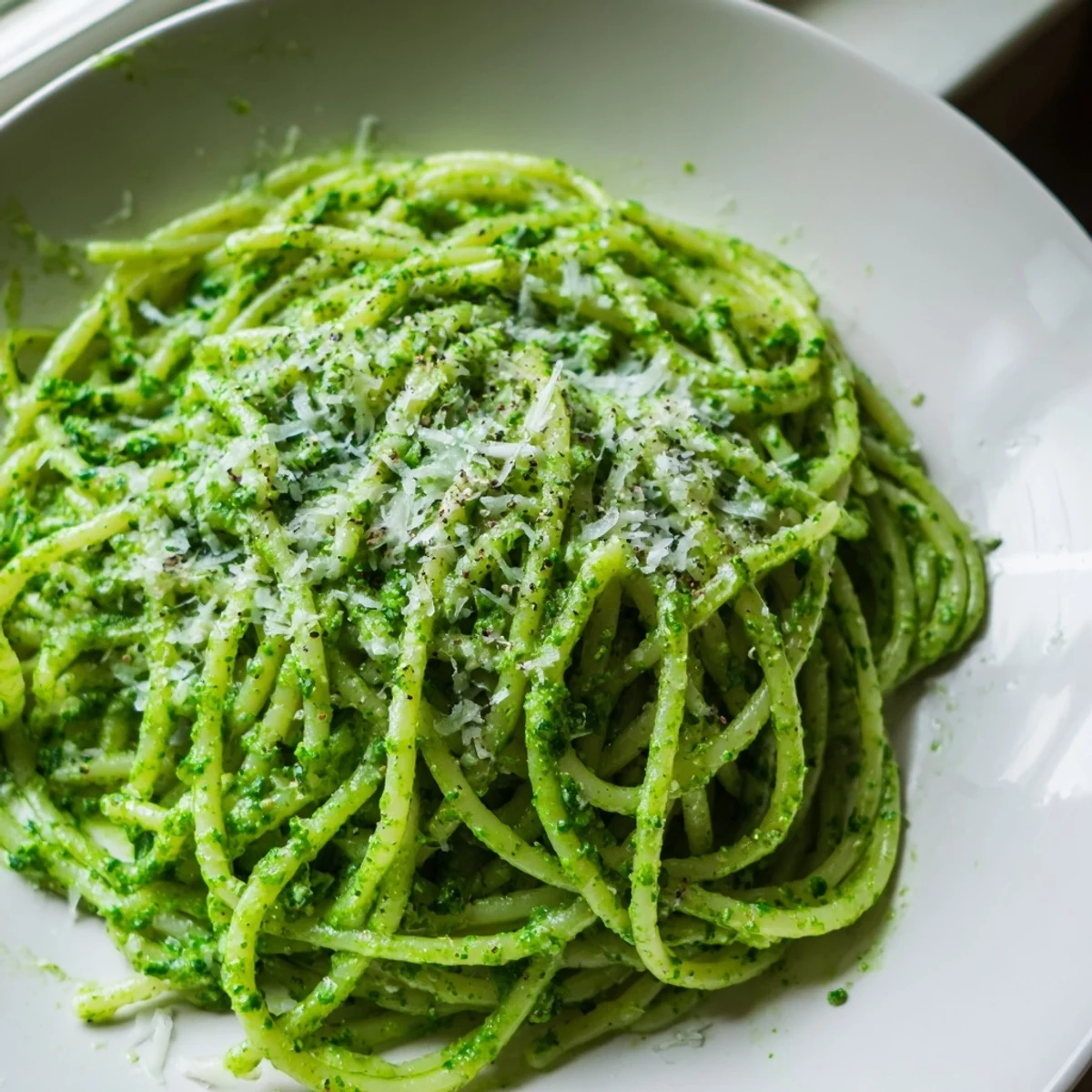 Creamy wild garlic pesto pasta garnished with cracked black pepper and fresh herbs