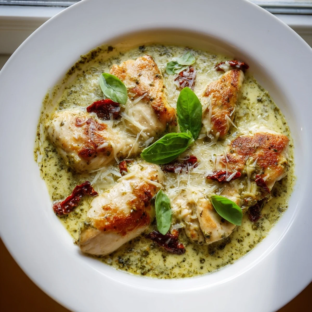 Juicy golden seared chicken breasts swimming in a creamy green pesto sauce with sun-dried tomatoes and melted Parmesan
