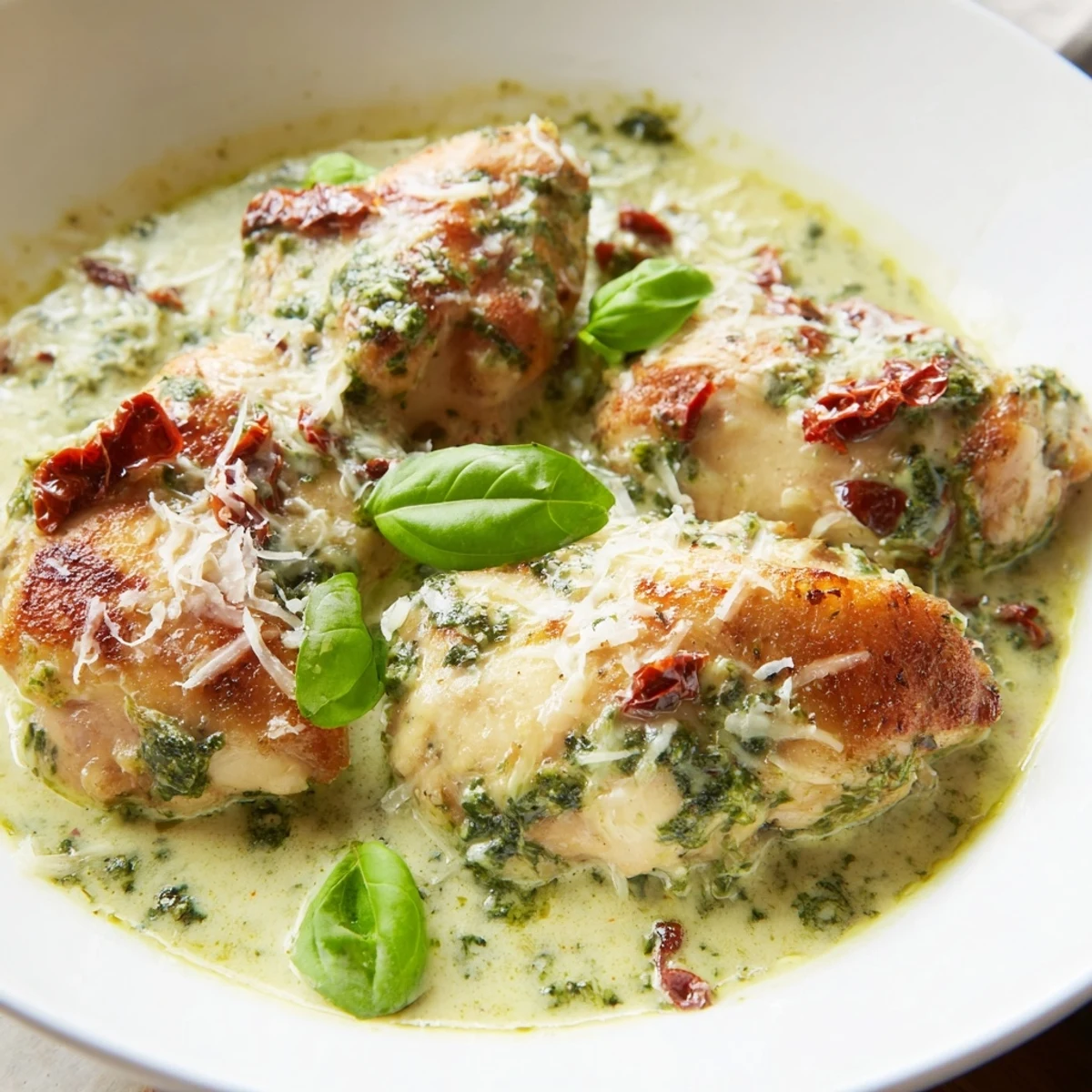 Creamy marry me chicken pesto nestled in a rich skillet sauce topped with fresh torn basil leaves