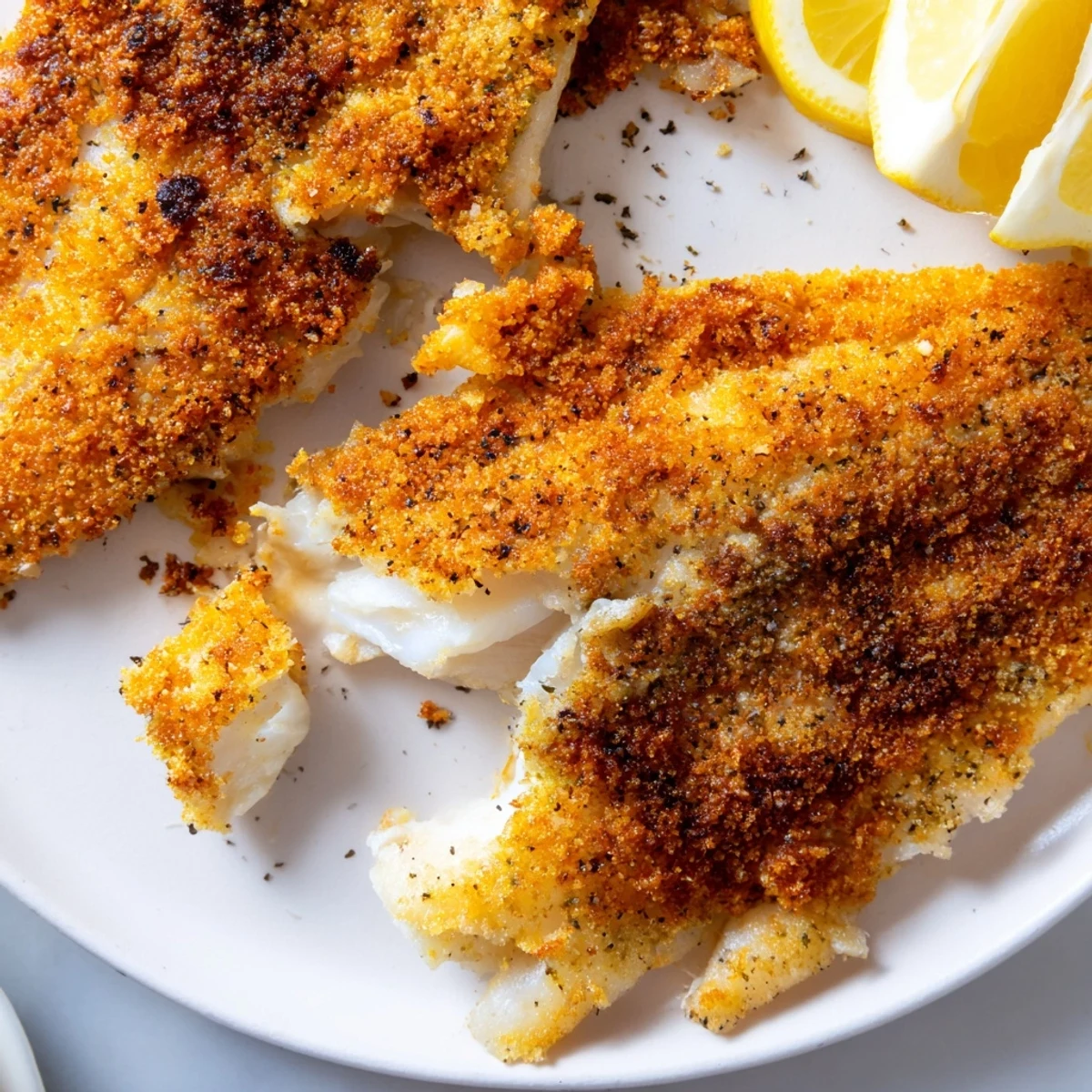 Golden pan fried tilapia fillets seasoned with paprika served with fresh lemon wedges