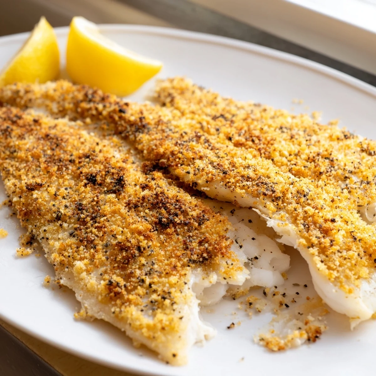Perfectly cooked pan fried tilapia with a golden cornmeal crust garnished with bright lemon slices