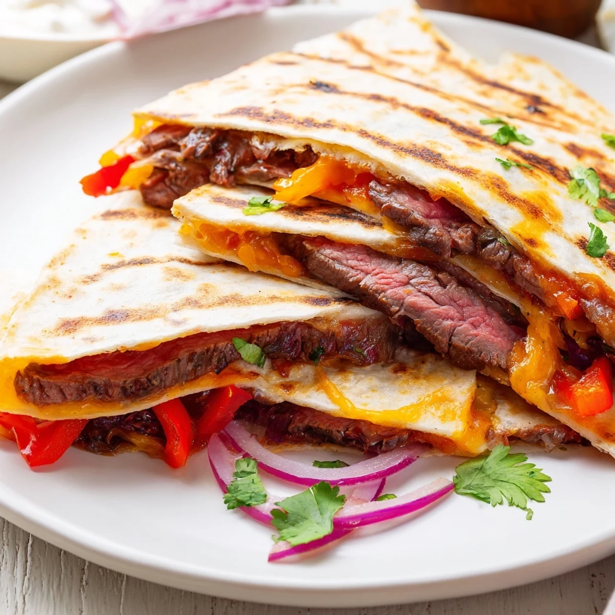 Golden steak quesadillas with melted cheese and vibrant peppers on a wooden board