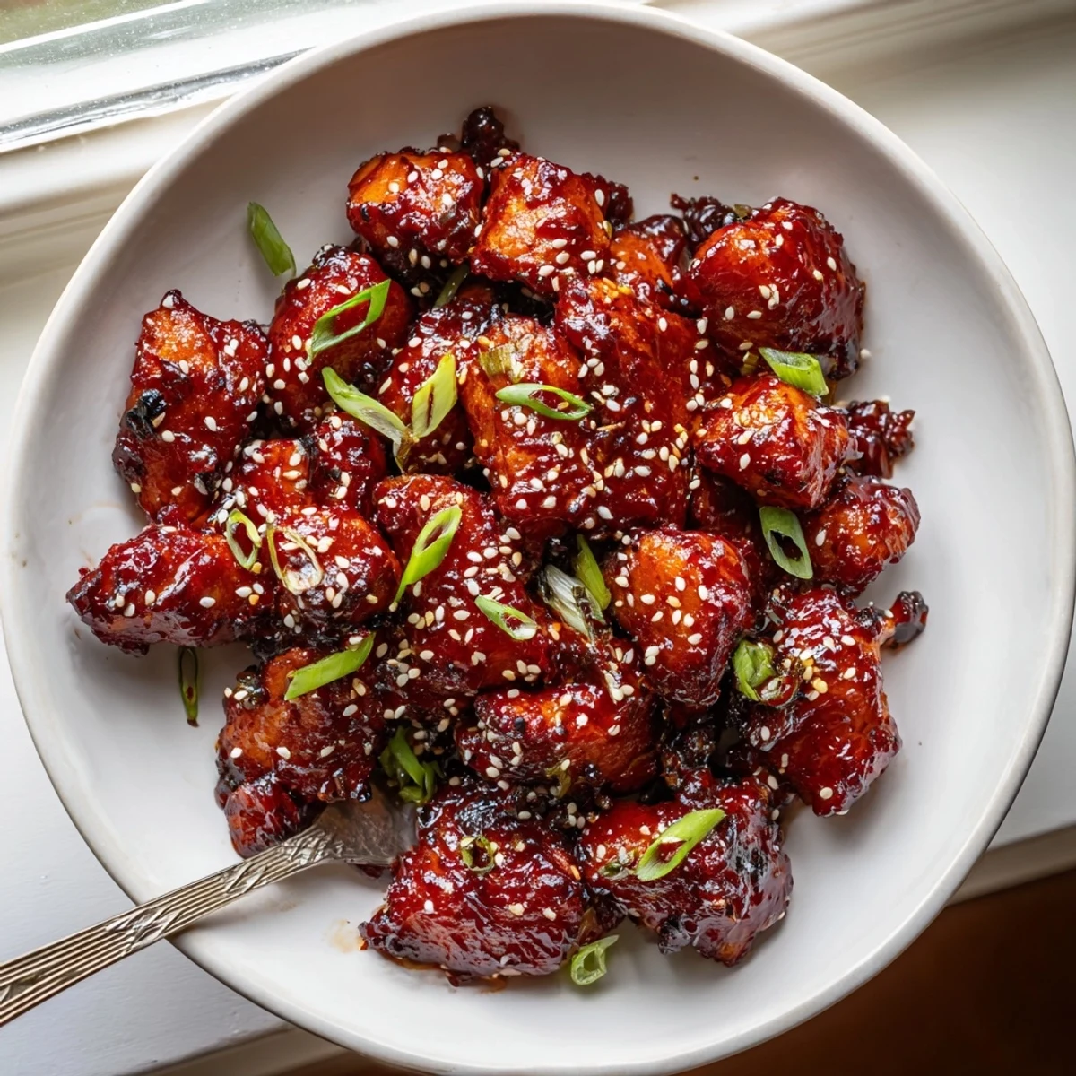 Crispy caramelized gochujang chicken glazed in spicy-sweet Korean chili paste sauce