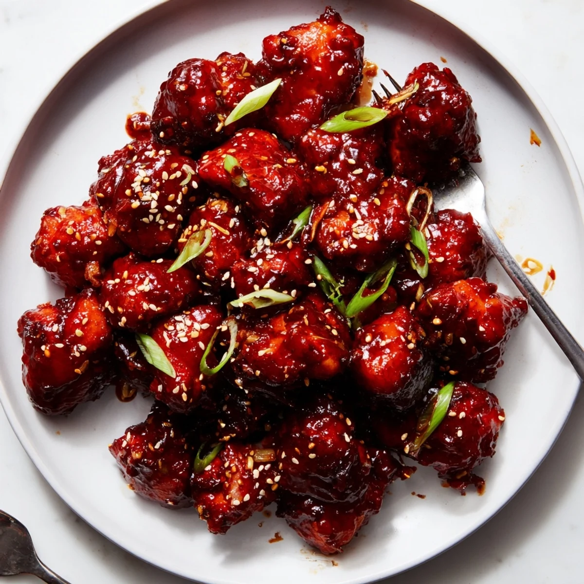 Gochujang chicken sizzling in a skillet with glossy red sticky marinade