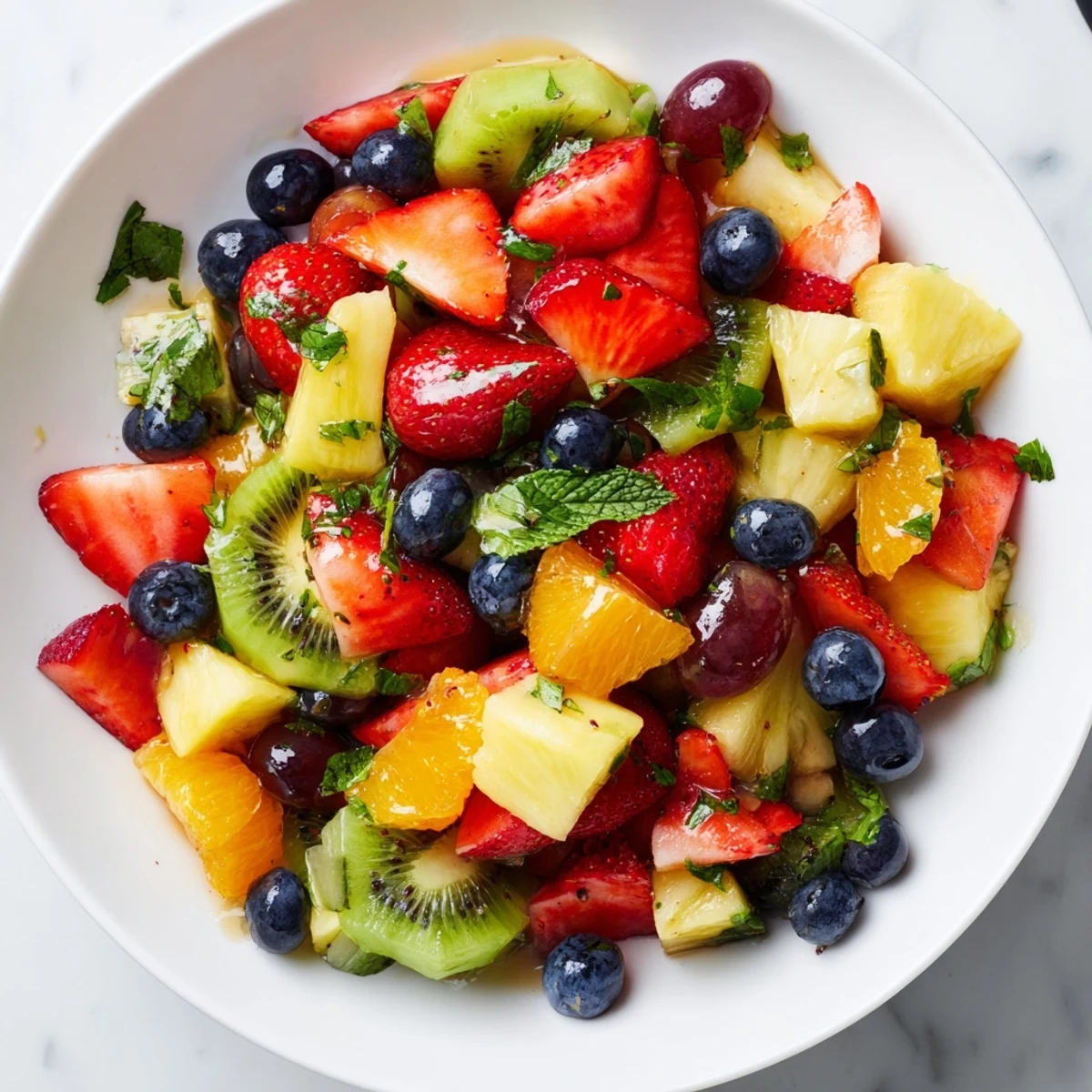 Colorful fruit bowl bursting with fresh strawberries, blueberries, and juicy pineapple chunks