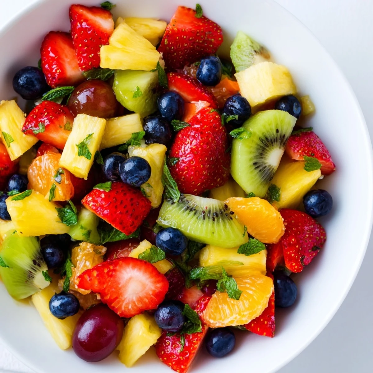 Refreshing fruit bowl drizzled with honey mint dressing in a rustic serving dish