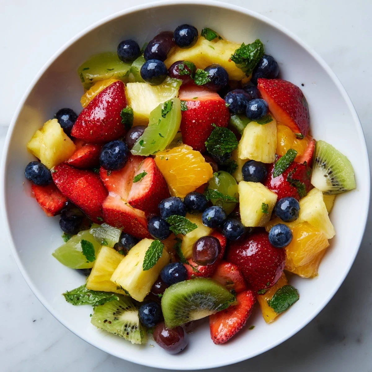 Vibrant fruit bowl featuring ripe kiwi, grapes, and citrus segments ready to serve