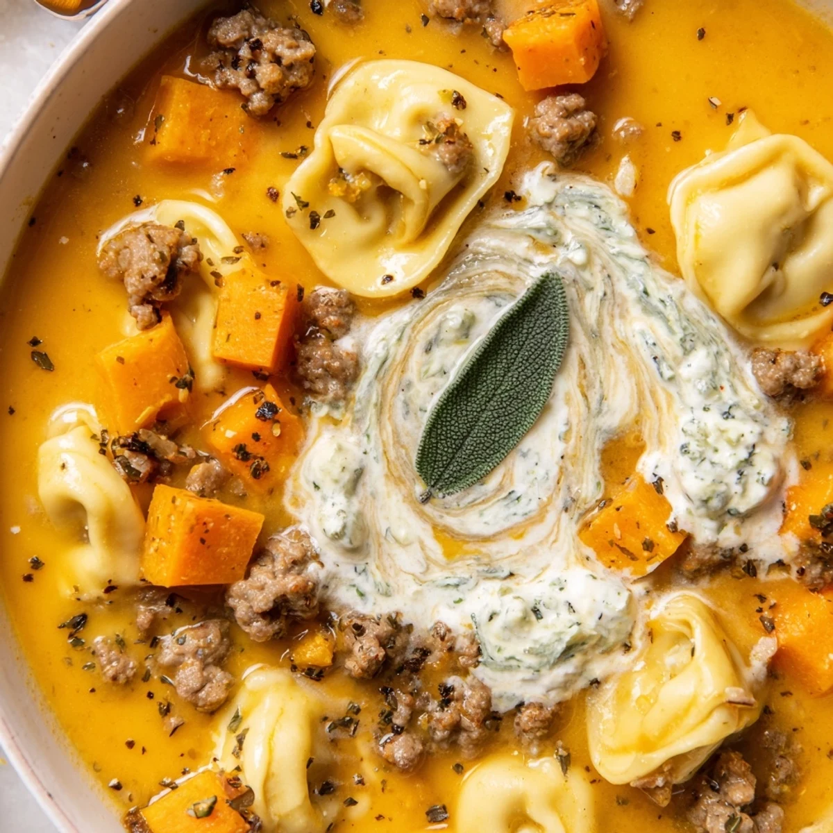 Creamy butternut squash sausage tortellini soup ladled into a rustic bowl with melted cheese swirl