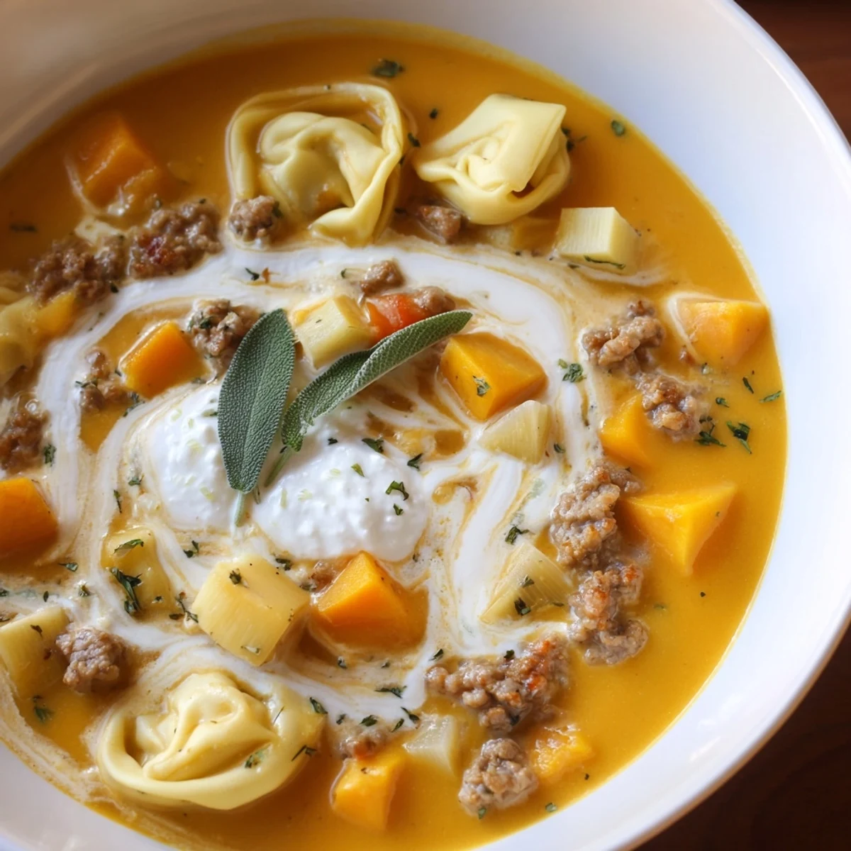 Steaming bowl of butternut squash sausage tortellini soup topped with a golden sage cheese swirl