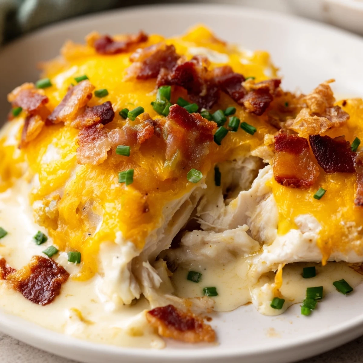 Golden bubbling baked crack chicken with crispy bacon and melted cheddar cheese topping