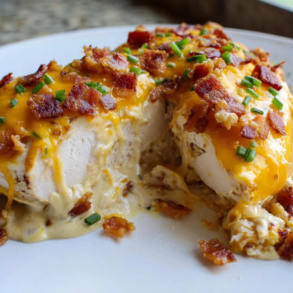 Creamy baked crack chicken smothered in ranch seasoned cheese sauce with bacon crumbles