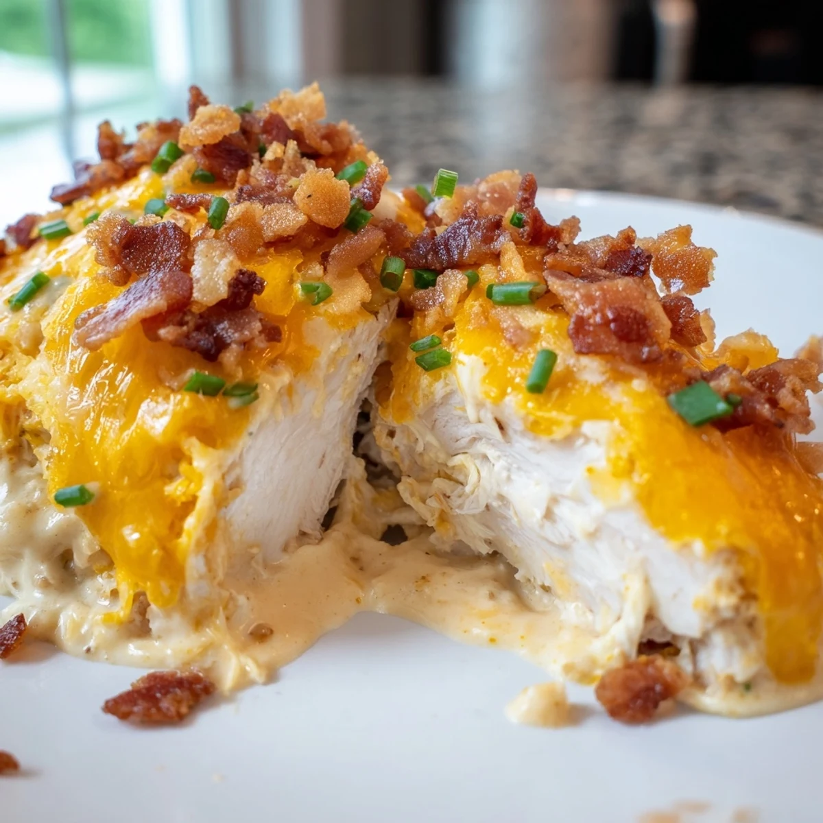 Juicy baked crack chicken nestled in a baking dish with gooey cheese and chives
