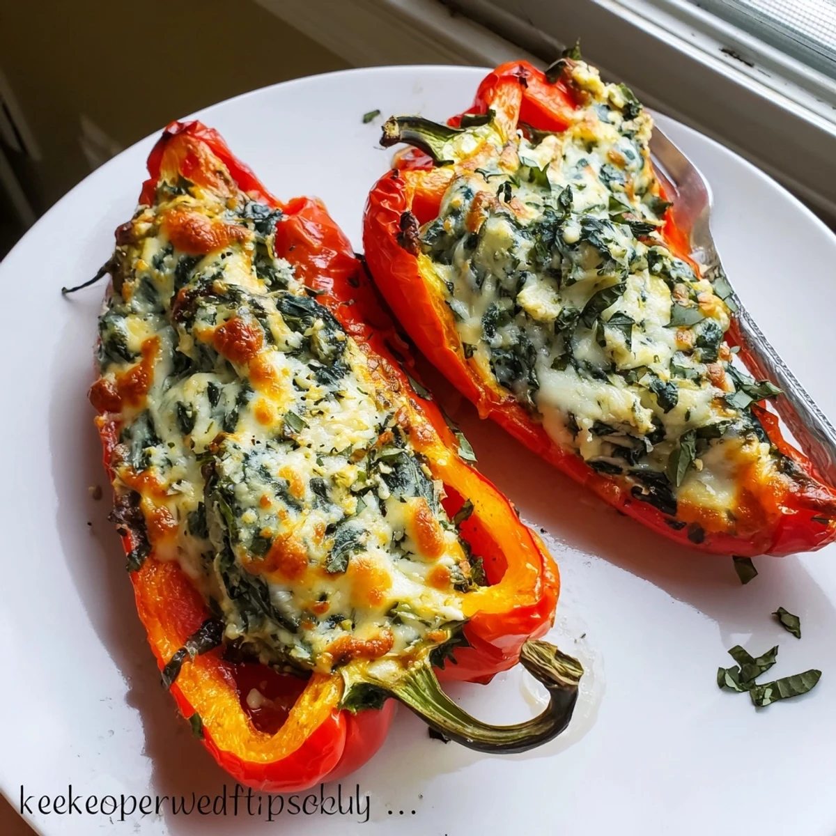 Golden baked ricotta stuffed peppers with melted mozzarella and fresh herbs on a rustic dish