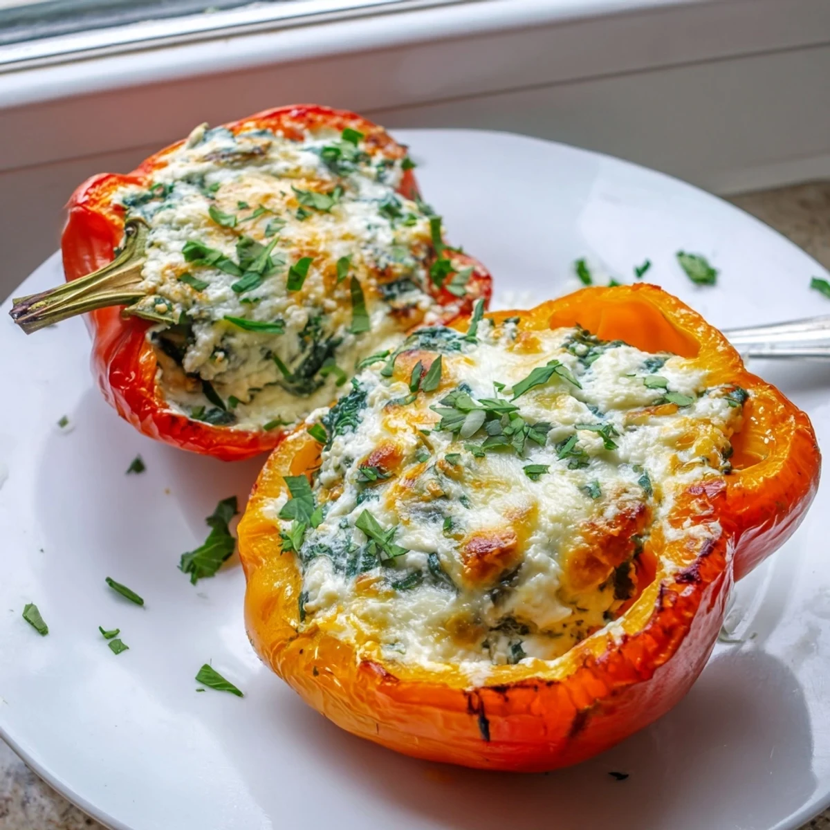 Vibrant halved bell peppers brimming with spinach ricotta filling fresh from the oven