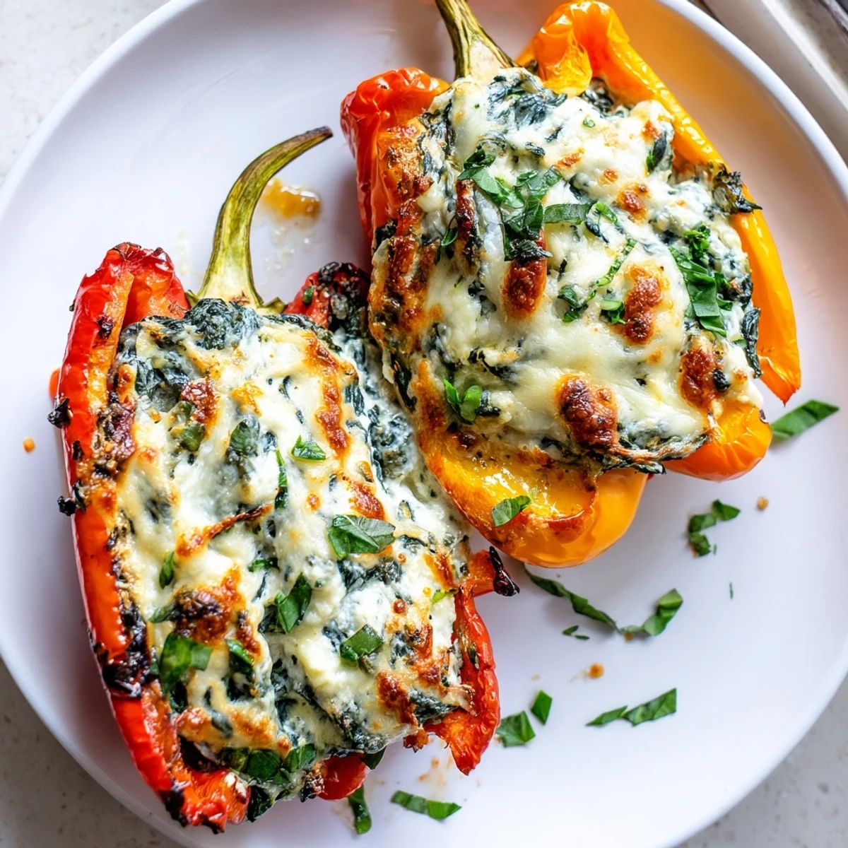 Creamy herb-filled ricotta stuffed peppers roasted until tender and topped with bubbling cheese