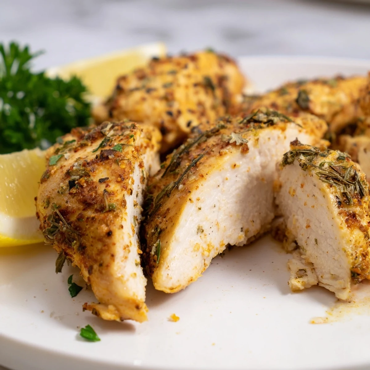 Golden oven baked chicken breasts with herb seasoning served on a rustic baking sheet