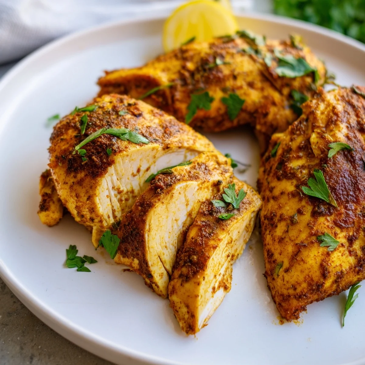 Juicy oven baked chicken breasts garnished with fresh parsley and bright lemon wedges