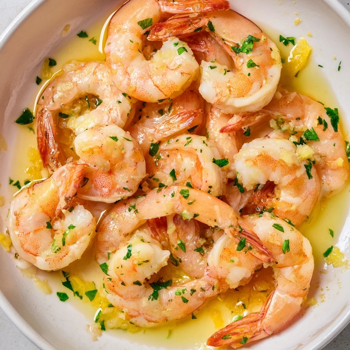 Golden buttered shrimp glistening in garlicky sauce with fresh parsley and lemon wedges