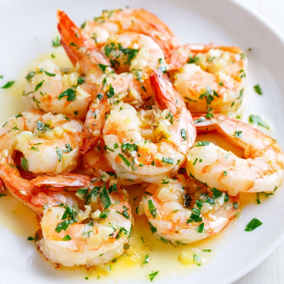 Plump buttered shrimp coated in a rich lemon garlic butter sauce ready to serve