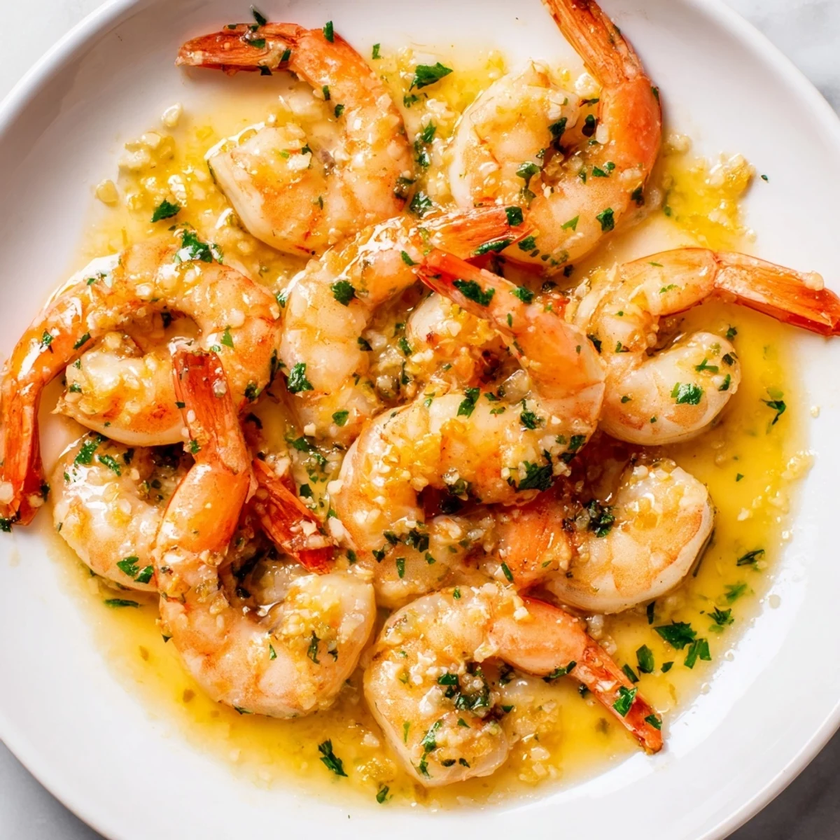 Sizzling buttered shrimp plated on a white dish alongside crusty bread for dipping