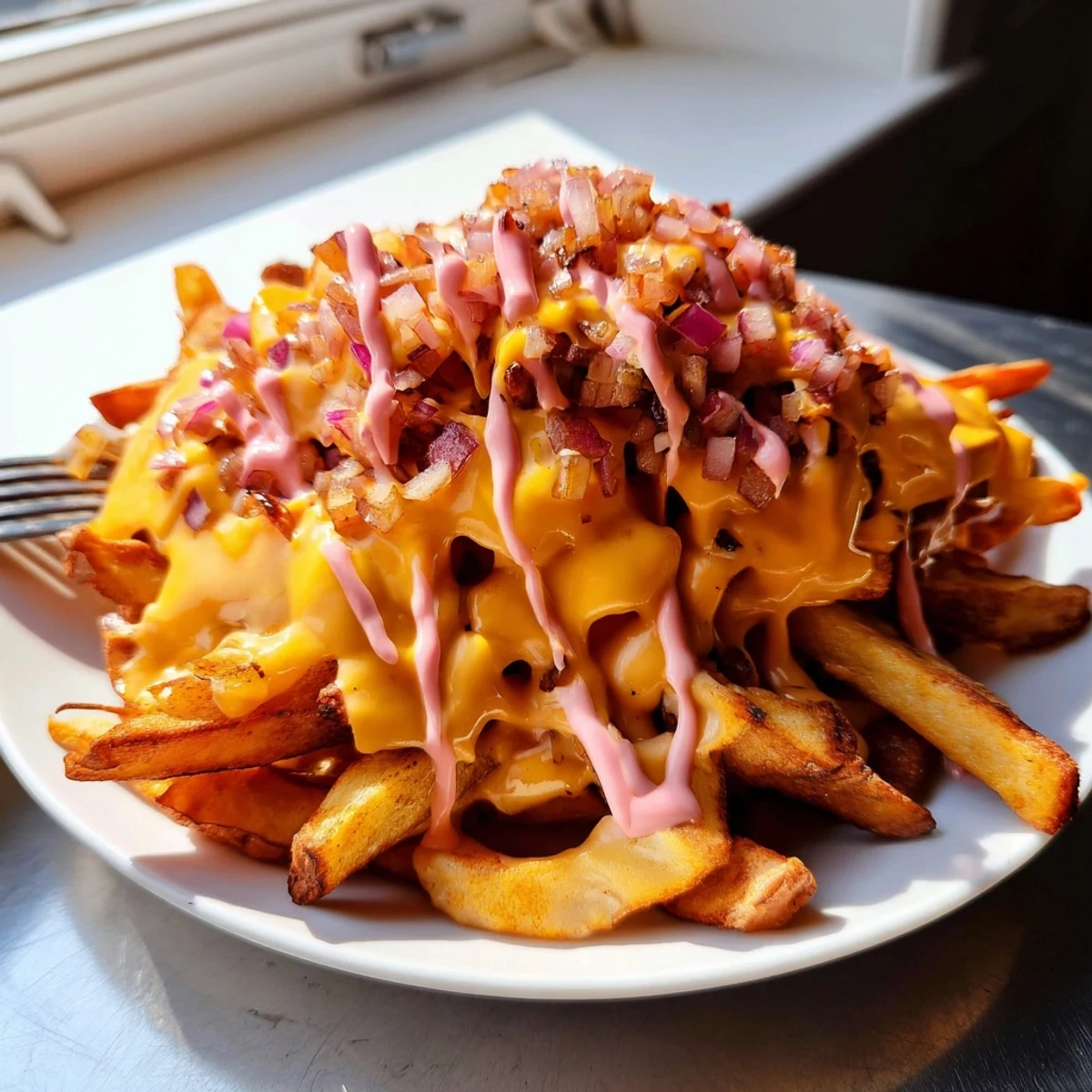Crispy golden In N Out Animal Style Fries loaded with melted cheese and tangy sauce