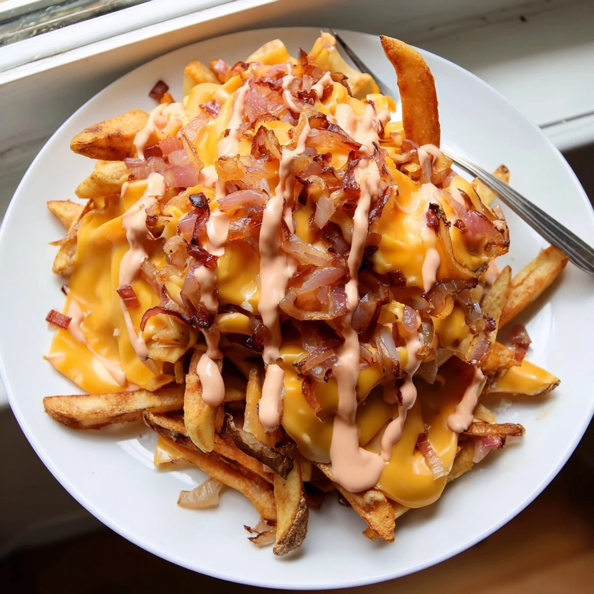 In N Out Animal Style Fries topped with caramelized onions and gooey melted cheese