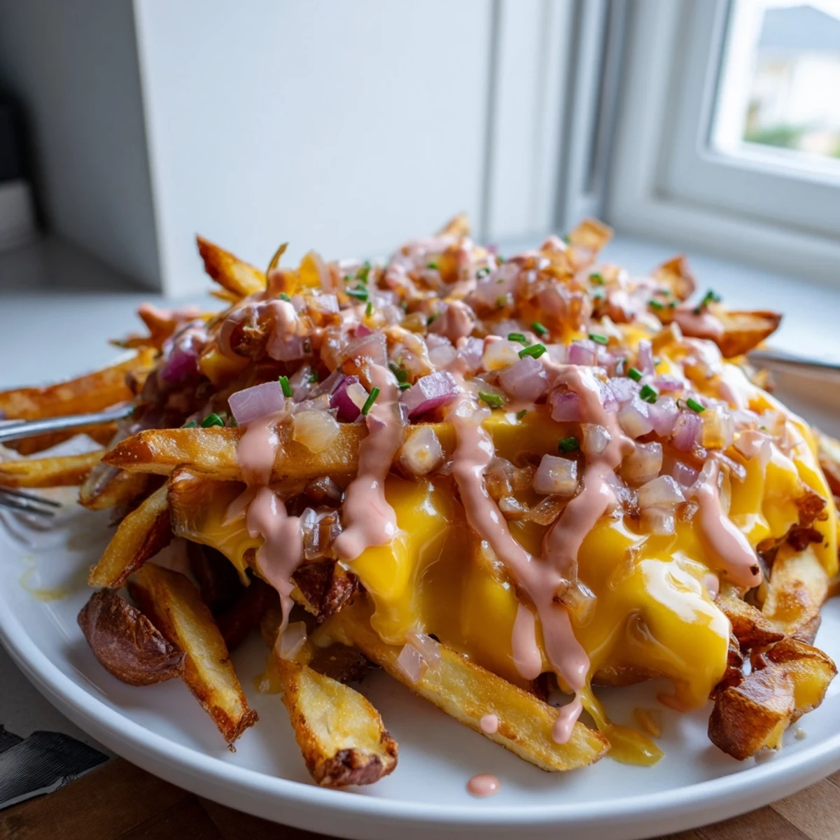 Steamy plate of In N Out Animal Style Fries drizzled with creamy special sauce