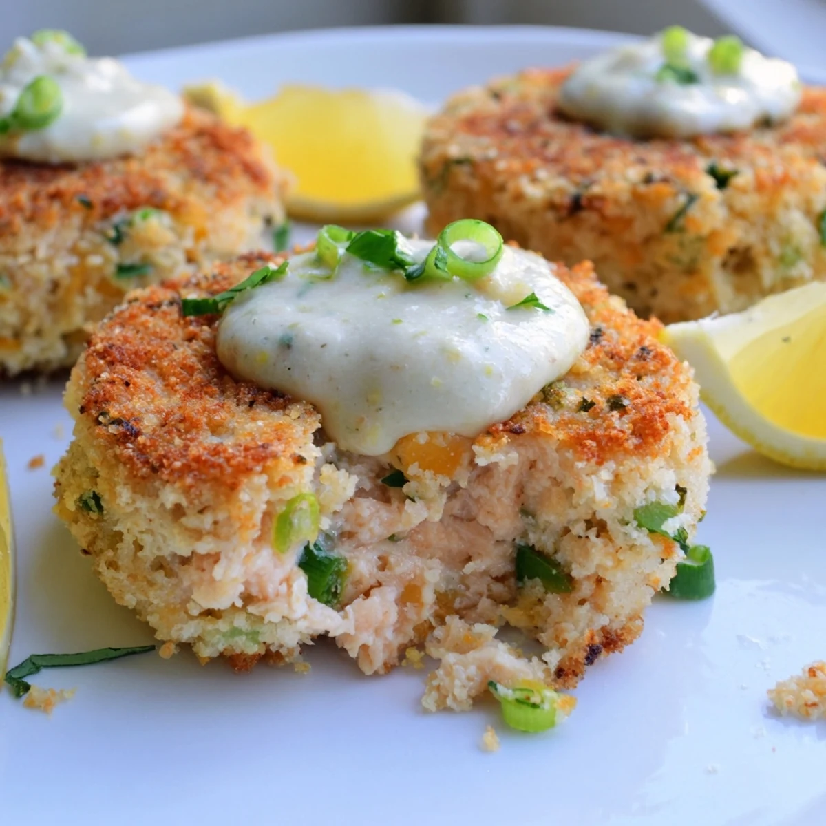 Pan-fried lemon garlic Alaska salmon cakes drizzled with tangy homemade lemon aioli