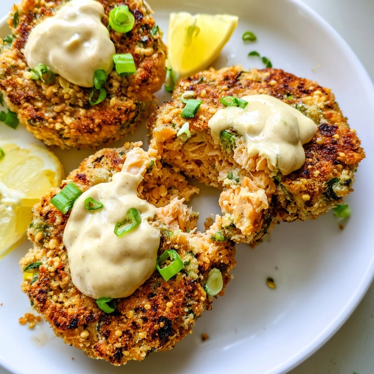 Golden crispy lemon garlic Alaska salmon cakes plated with creamy aioli dipping sauce