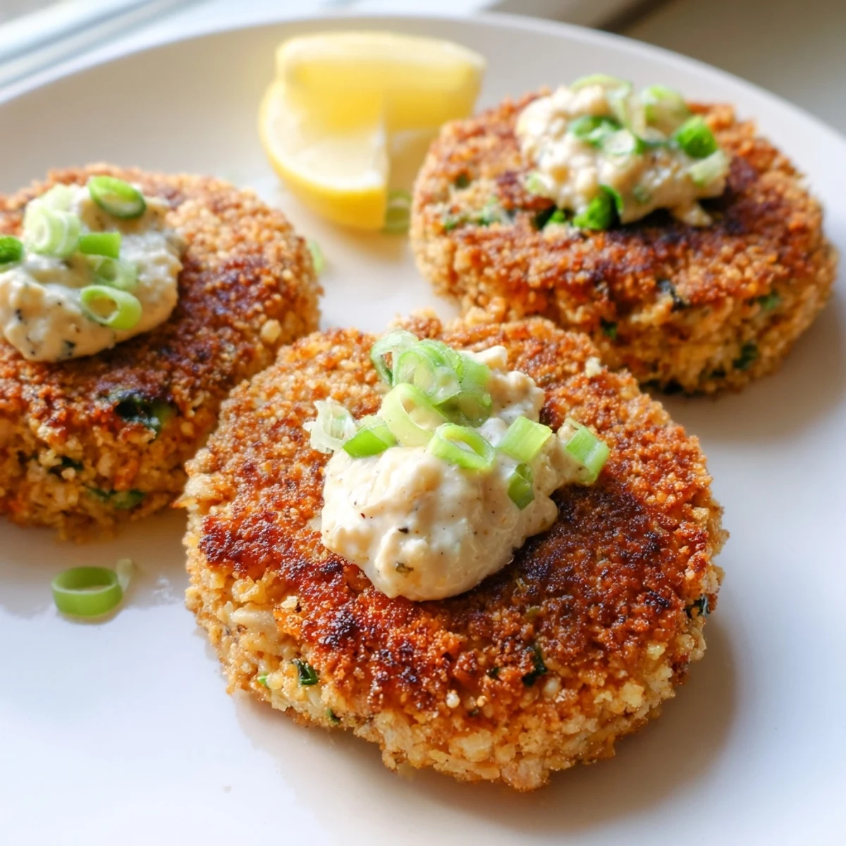 Crispy herb-flecked lemon garlic Alaska salmon cakes served alongside a cool zesty aioli