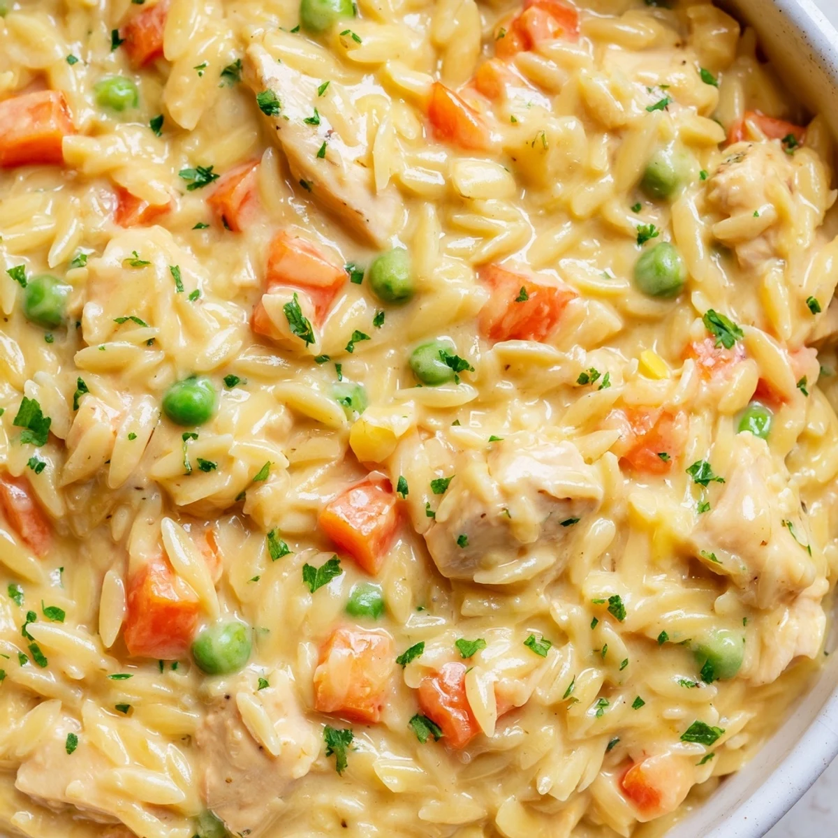 Creamy chicken pot pie orzo steaming in a rustic bowl with golden vegetables and tender shredded chicken