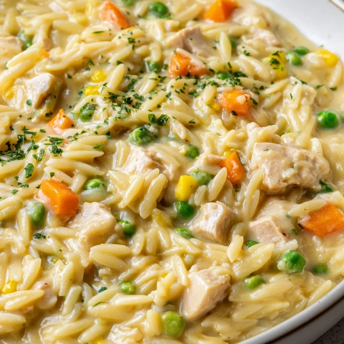 A warm skillet of creamy chicken pot pie orzo topped with fresh parsley and colorful diced carrots