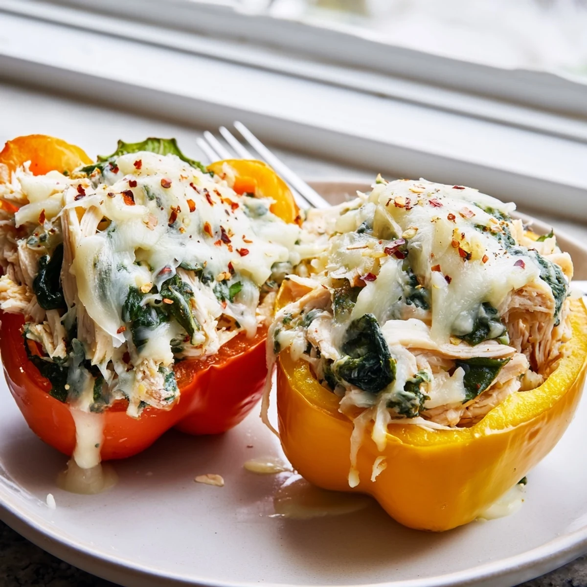 Golden baked Chicken Florentine Stuffed Peppers topped with melted mozzarella and fresh herbs
