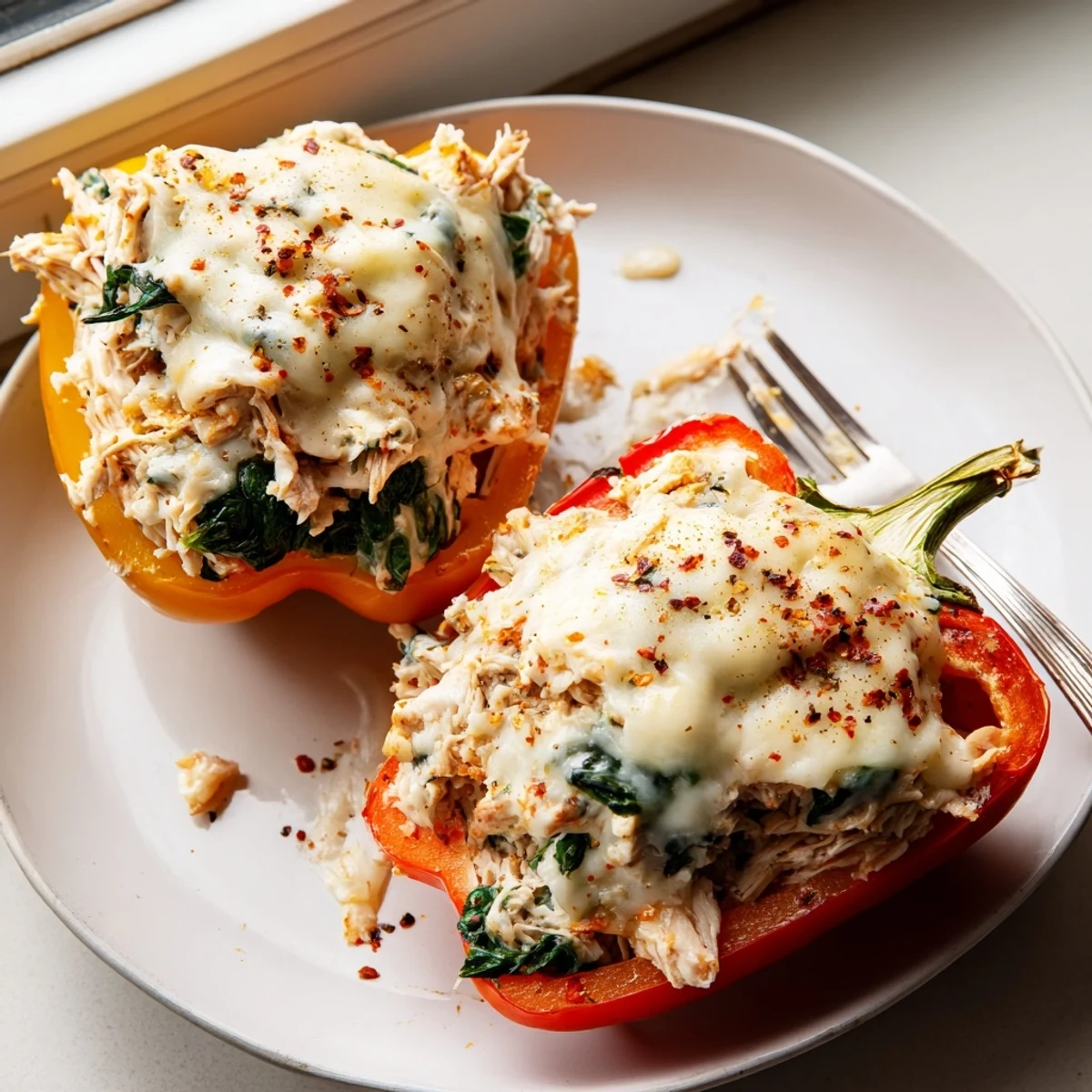 Creamy spinach and chicken filling spills from tender roasted Chicken Florentine Stuffed Peppers