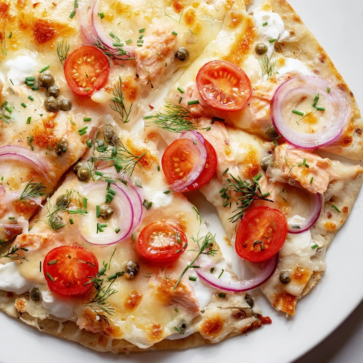 Golden baked salmon tortilla pizza topped with cherry tomatoes, capers, and red onion