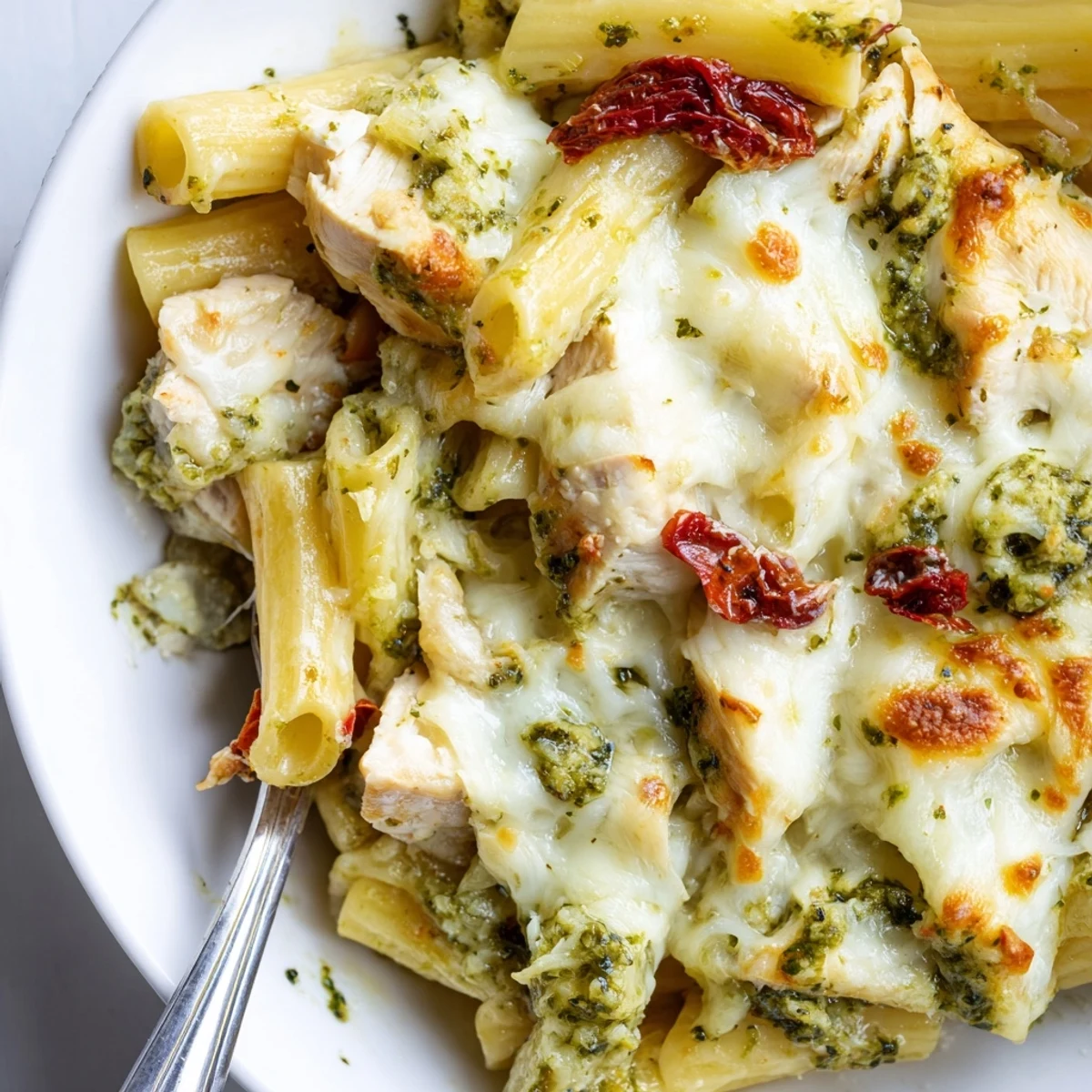 Golden bubbly pesto chicken pasta bake topped with melted mozzarella and fresh basil