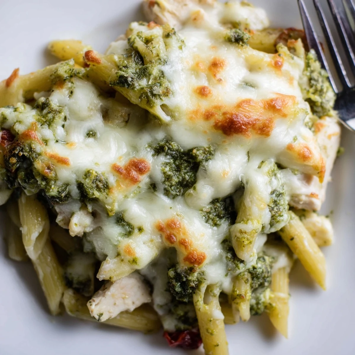 Creamy pesto chicken pasta bake with sun-dried tomatoes in a cast iron skillet